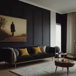 a living room with dark walls, large painting and a white rug