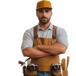 a man in an orange helmet stands with his arms folded, looking to the side