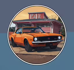 an orange mustang sitting in front of a red building,a classic car parked next to a restaurant on the road