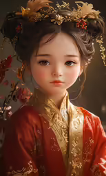 an asian doll with flowers in her hair