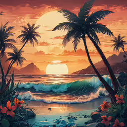 a beautiful sunset with palm trees and beach scene,an artistic painting of the sunset with palm trees