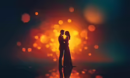a couple kissing in front of a glowing orange backdrop