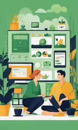 a couple of people are sitting on the ground with green plants,a person sitting on the floor while another looks at something on the screen