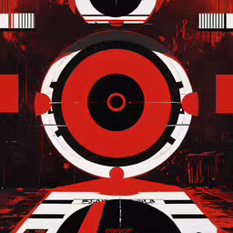 an abstract graphic of multiple circles in different red black white colors,a red poster with a black and white geometric pattern