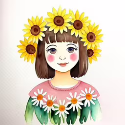 a painting of a girl wearing flowers in her hair,a painting of a little girl with flowers in her hair