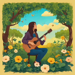 a cartoon image of a person sitting in a chair playing an acoustic guitar,a cartoon girl playing a guitar in the woods