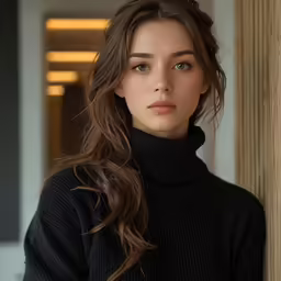 a woman in black sweater standing next to column