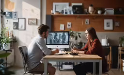two people sitting at a wooden table in front of a computer