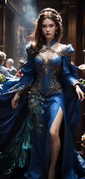 woman in blue and gold fantasy costume walking down stairs