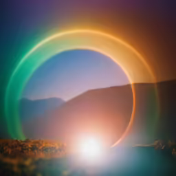 bright colorful light rings over trees and mountains