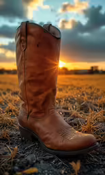 a cowboy boot is resting in the grass at sunset
