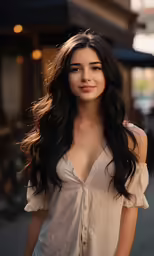 the young girl is standing on the sidewalk