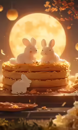 two little bunnies in the basket on a table next to autumn leaves