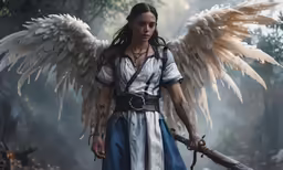 the girl in a dress is holding a sword and an angel wings