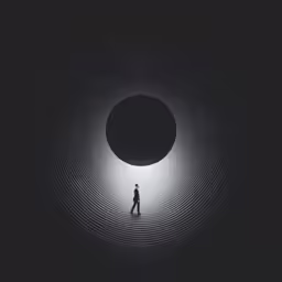 a man standing in the middle of an open black hole