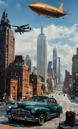 a city with gold airplanes, a plane and a car in the middle of it
