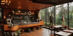 there are two people standing in the room and looking at the bar