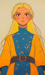 a cartoon character with long blonde hair wearing a yellow outfit