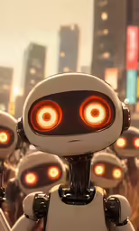 an adorable little robot is standing among many others