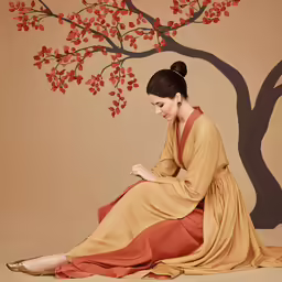 woman sitting in front of an orange tree