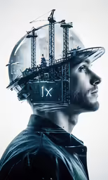 man with large headpiece made from cranes and a radio tower