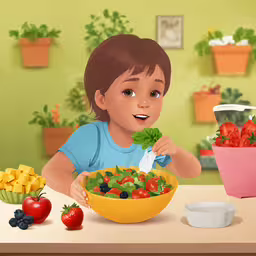a little girl sitting at a table with some food in front of her,the girl sits at the table eating salad