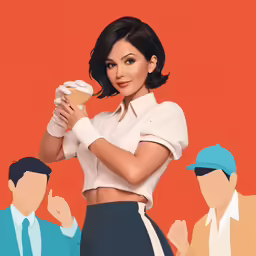 a young woman wearing a skirt and white shirt is holding a drink in her hand