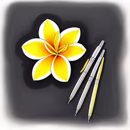 a couple of pens and a yellow flower on a table,the yellow flower is next to two fountain pens