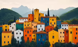 some buildings are colorful and the tops have mountains in the background