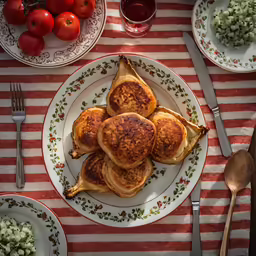 a table set with white and red plates with pancakes, tomatoes, silverware and salad dressing