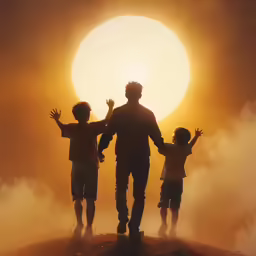 three children walking with their arms in the air