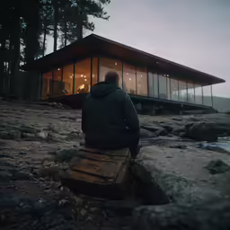 man sitting outside of a glass cabin surrounded by woods