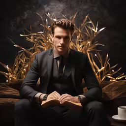 a young man in a black suit with an open book