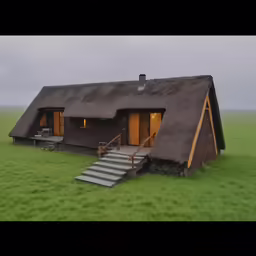 two cabins in a grassy field with stairs leading up