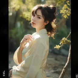 the woman wearing an asian kimono looks out towards the tree line