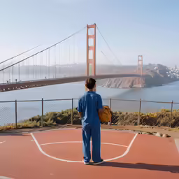 the man in the blue robe is standing at a basketball court looking out into the water