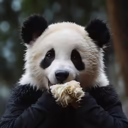 a panda bear eats something with his hands