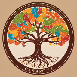 the logo for the canadian family tree in a circle,a colorful tree with roots in the center