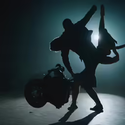a man standing next to a woman and motorcycle