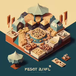 a poster depicting a food stand made up of different items