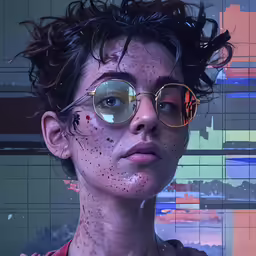 a man wearing glasses covered in splatters standing next to a wall