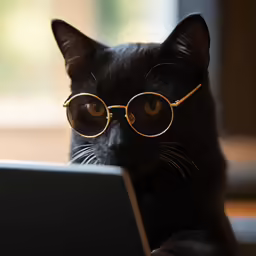 a black cat with glasses sitting next to a laptop
