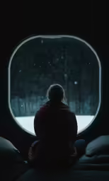 person looking out window in dark room with snowy scene