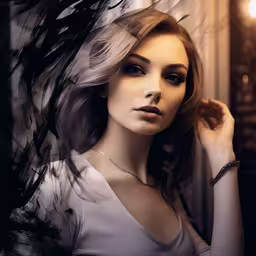 there is a woman with black hair and white top,a beautiful young woman with a serious look on her face