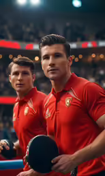 two men wearing red shirts hold bowling paddles