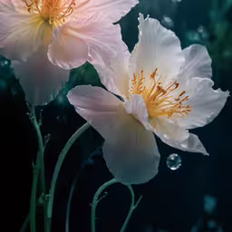 two large flowers are next to each other,two flowers with drops of water on them