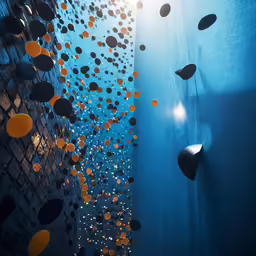 orange circles and black circles hanging from blue building