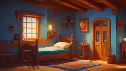 a bedroom with a bed, dresser and small table,bedroom with hardwood floor, wooden beams and blue walls