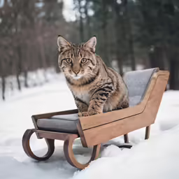 a cat sitting in a miniature sled and looking straight ahead