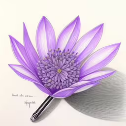 a drawing of a purple flower with a pen sitting on top of it,the purple flower has a leaf on it